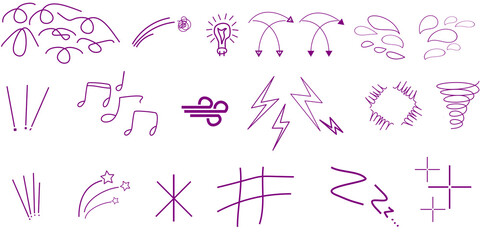 A collection of hand-drawn purple doodle icons and symbols representing various concepts like...