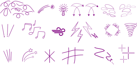 A collection of hand-drawn purple doodle icons and symbols representing various concepts like sound, weather, ideas, and emotions.