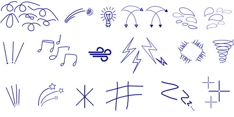 A diverse collection of hand-drawn blue ink doodles and symbols representing various concepts like weather, ideas, and emotions on a white background.