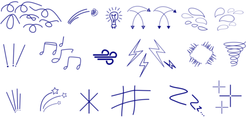 A diverse collection of hand-drawn blue ink doodles and symbols representing various concepts like weather, ideas, and emotions on a white background.