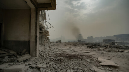 Desolate Bombed Out City Landscape with Rubble and Smoke Plume