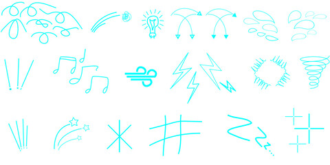 Collection of various hand-drawn symbols and icons in a light blue color, representing different concepts.