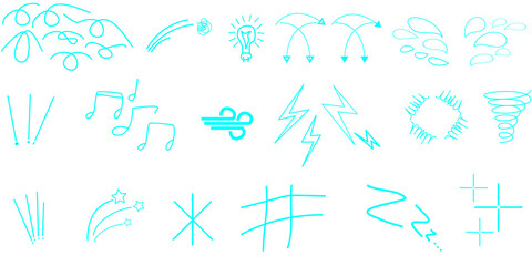 A collection of cyan-colored doodle-like drawings, including musical notes, lightning bolts, and abstract shapes.