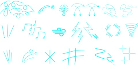 A collection of cyan-colored doodle-like drawings, including musical notes, lightning bolts, and abstract shapes.