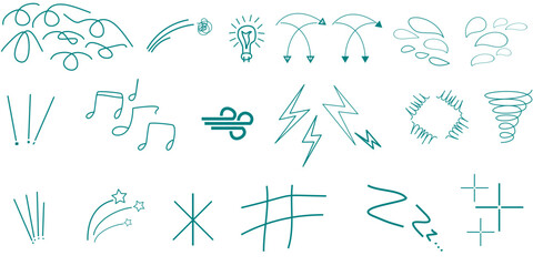 A collection of hand-drawn teal icons and symbols on a white background, including musical notes, lightning bolts, and weather elements.