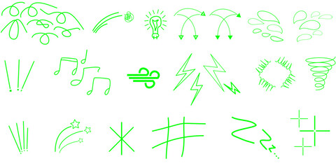 Green doodle icons: swirls, lightbulb, music notes, lightning, stars, and more.