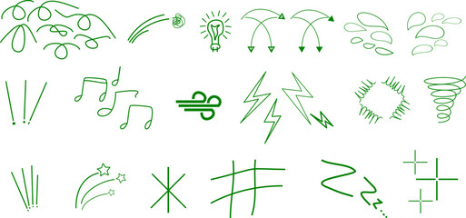 A collection of green hand-drawn icons and symbols including musical notes, lightning bolts, stars, and weather elements.