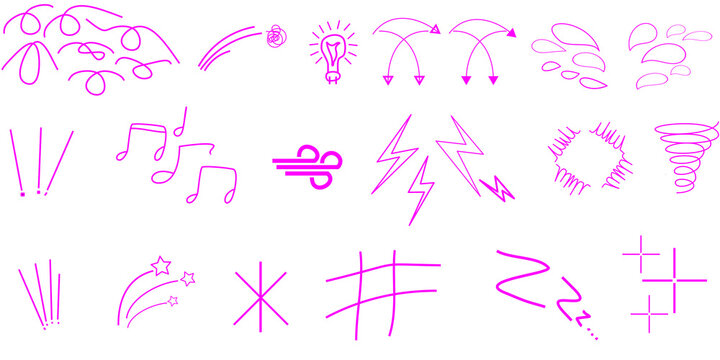 Collection of various pink doodle illustrations, including arrows, musical notes, and stars.