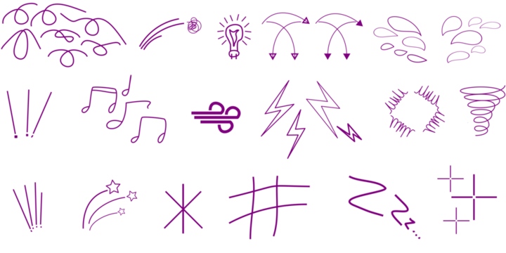 A collection of hand-drawn purple doodle icons and symbols representing various concepts like sound, weather, ideas, and emotions.