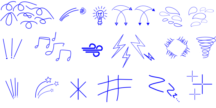A collection of hand-drawn blue doodle icons and symbols representing various concepts like weather, ideas, and sounds on a white background. - Powered by Adobe
