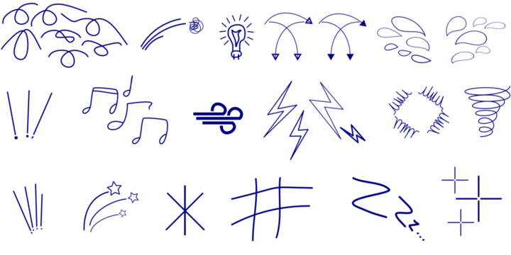 A diverse collection of hand-drawn blue ink doodles and symbols representing various concepts like weather, ideas, and emotions on a white background.