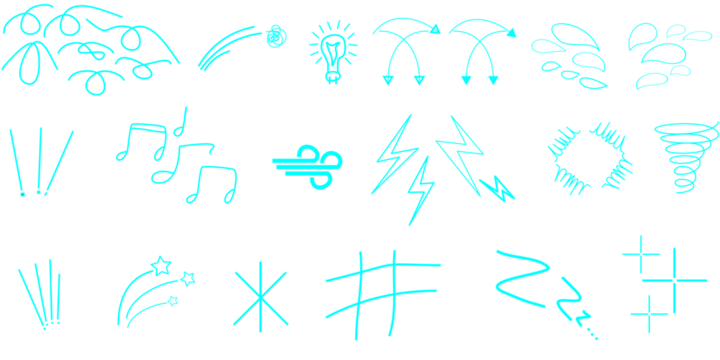 A collection of cyan-colored doodle-like drawings, including musical notes, lightning bolts, and abstract shapes.