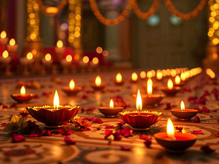Diwali celebration with diyas and flower petals for festive indian holiday light