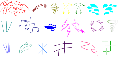 A diverse collection of colorful hand-drawn doodle symbols representing various concepts like ideas, weather, and emotions.