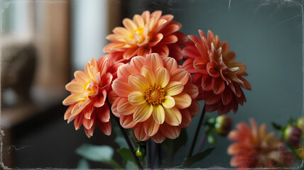 Vibrant Orange Peach Dahlias Bouquet with Vintage Scratched Film Effect