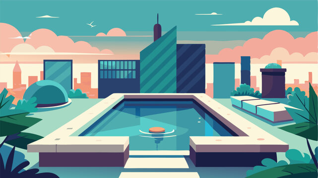 A rooftop pool oasis with a mix of modern and natural elements creating a serene and luxurious atmosphere amidst the city chaos.