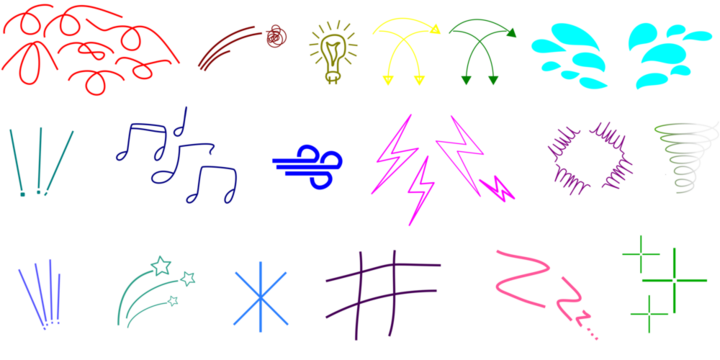 A diverse collection of colorful hand-drawn doodle symbols representing various concepts like ideas, weather, and emotions.