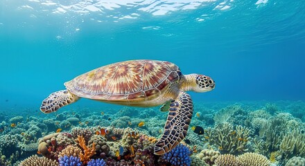 Majestic sea turtle gracefully swimming over vibrant coral reef ecosystem, a stunning underwater scene perfect for ocean conservation campaigns