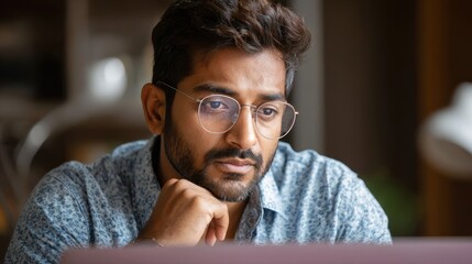 young serious indian professional business man focused ethnic male student wearing glasses working on laptop remote studying using computer looking at screen watching seminar webinar at home office n