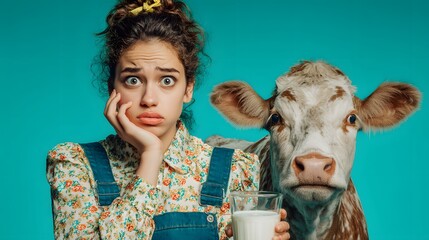 Young woman smiling and drinking coffee with a cow at morning breakfast time