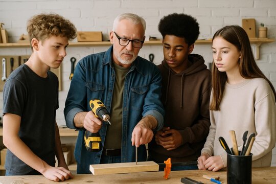 Senior mentor teaches teenagers woodworking with a drill in a workshop, hands‑on crafts education and guidance.