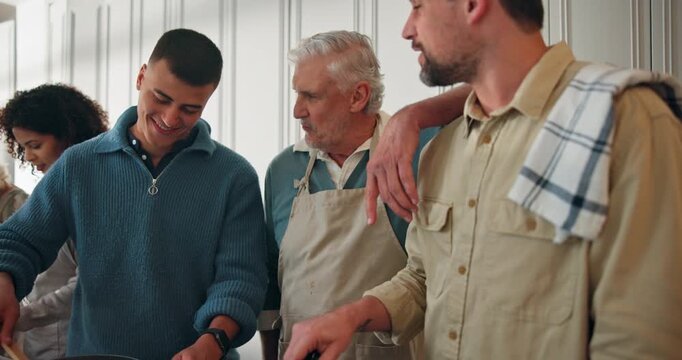 Family, grandfather and stirring food at house with discussion, meal prep and thanksgiving. People, talking and help with cooking, support and culinary skills with social gathering of holiday reunion