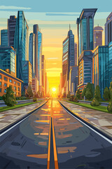 Vibrant Cityscape at Sunset with Reflective Streets