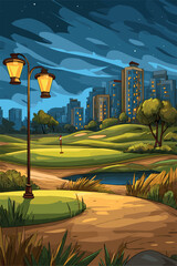 Nighttime Golf Course with City Skyline and Street Lamps