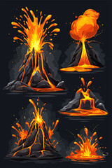 Colorful Volcano Eruptions and Lava Flow Vector Illustrations