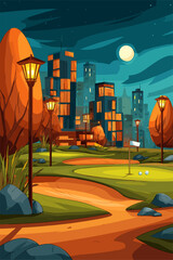Stylized Nighttime Golf Course with City Skyline and Lanterns