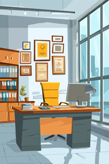 Modern Office Workspace Interior with Desk, Computer, and Certificate Frames