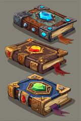 Three Fantasy Books with Colorful Gems and Decorative Covers