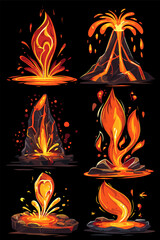 Set of Colorful Volcanic Eruptions and Lava Erupting from Rocks