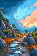 Rainy Landscape with Rocky Path and Colorful Sky