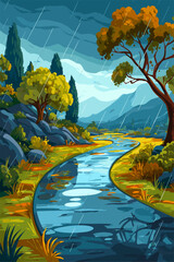 Serene Landscape with River Under Rainy Sky in Vibrant Colors