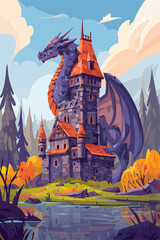 Majestic Castle with Dragon in a Fantastical Landscape