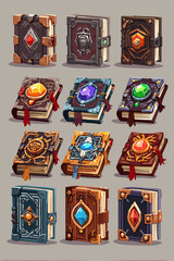 Collection of Detailed Fantasy-Themed Spellbooks with Gems and Ribbons