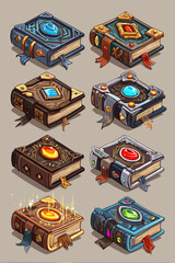 Collection of Decorative Spellbooks with Colorful Gems and Ribbons