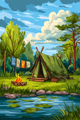 Serene Camping Scene with Tent by a Lake, Trees, and Laundry Hanging