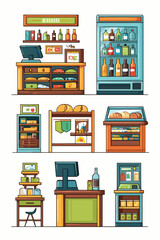 Vector Illustrations of Grocery Store Shelves, Counters, and Refrigerators