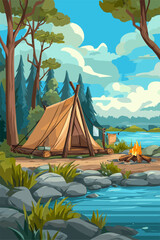 Serene Camping Scene with Tent, Fire, and River in Nature