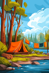 Colorful Camping Scene by a Tranquil River in a Lush Forest