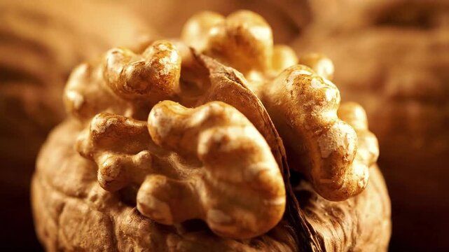 Film a hyper-detailed macro close-up of walnuts showing texture, creases, and golden tones perfectly.