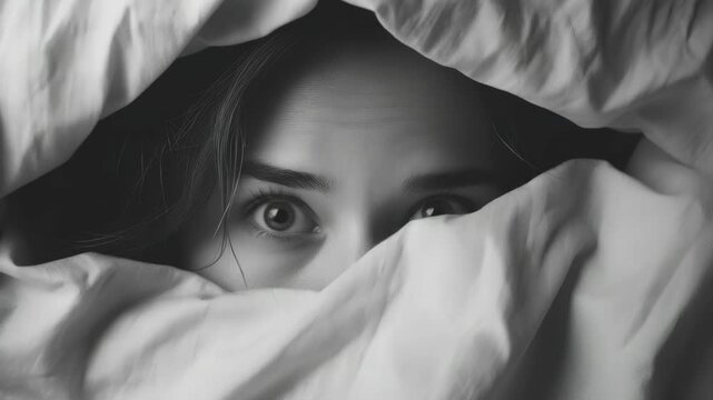 A woman's face with concern or curiosity, emerging from behind rumpled sheets in a bedroom setting.