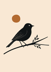 Minimalist bird silhouette. Boho-style art. Poster, decor, background. Black, orange, and beige.
