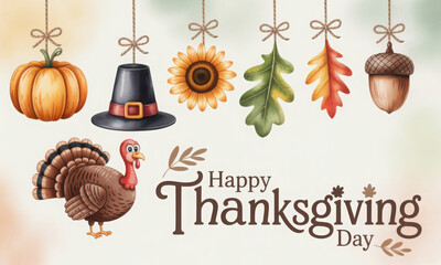 Thanksgiving decorations with pumpkin hat sunflower leaves and acorn hanging from strings a festive watercolor illustration for holiday greetings and invitations