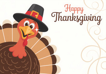 Cartoon turkey wearing a pilgrim hat a fun vector illustration for Thanksgiving greetings and holiday designs