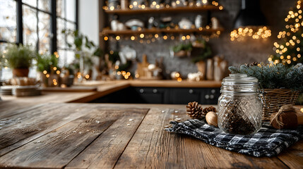 Empty table in the kitchen for presentation. Christmas decor.
