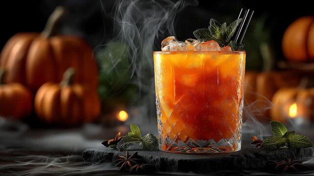 Spooky Halloween cocktail with rising smoke. Festive orange pumpkin drink for an autumn party. Atmospheric cinemagraph of a magical potion