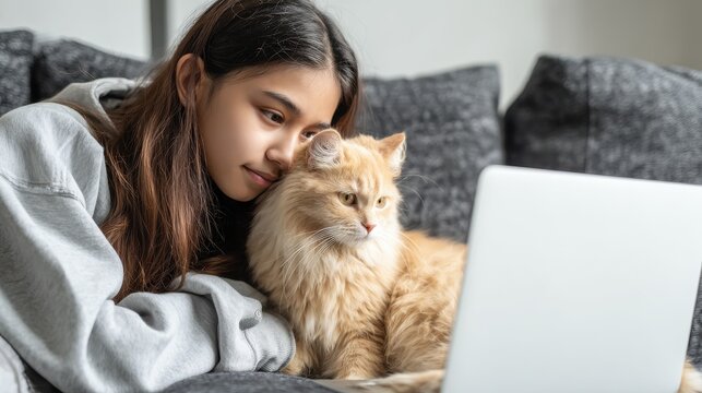 young hispanic latin teen girl student relax sit on sofa with cat holding laptop looking at mock up white computer screen online learning on pc elearning watching movie over shoulder closeup view no
